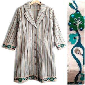 SPANNER Shacket Tunic Button Down Embellished Applique Stripe Sz 8
